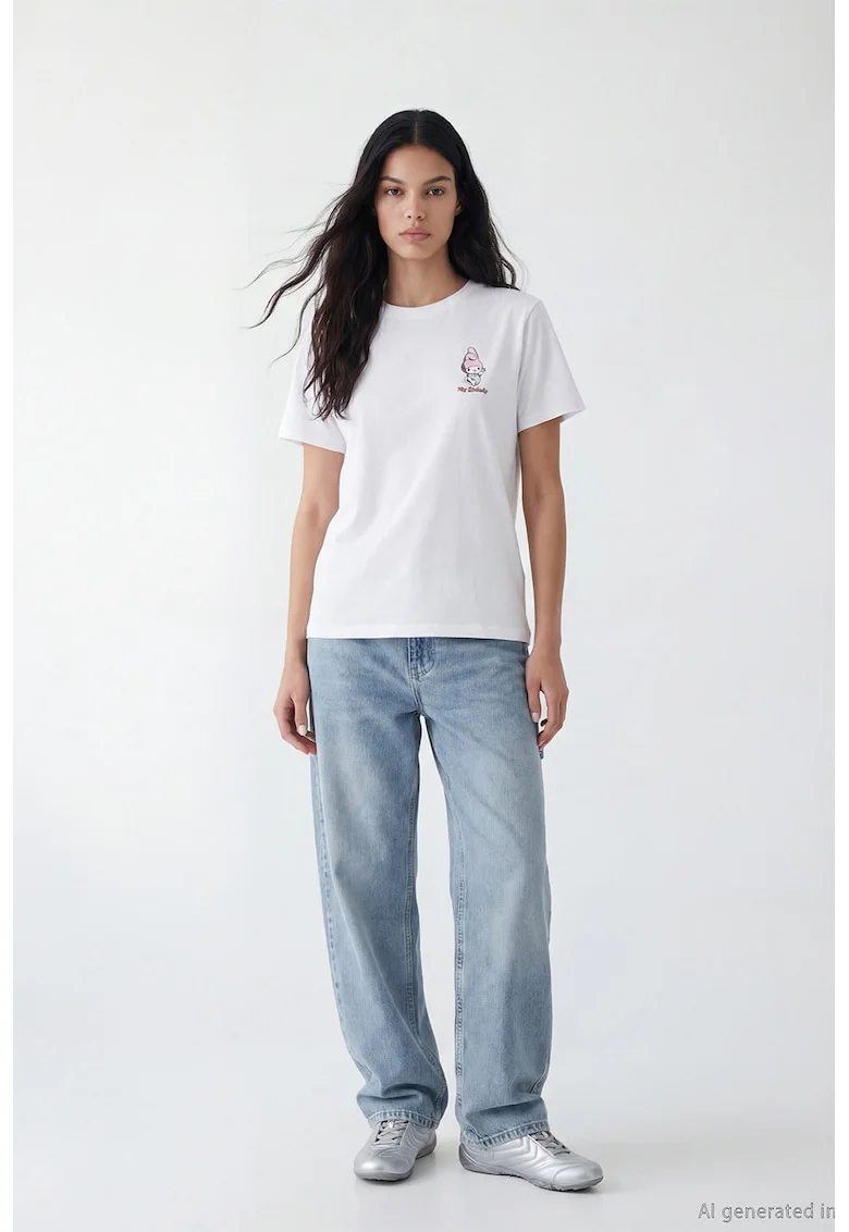Tricou din bumbac cu imprimeu text si grafic, Alb/Negru/Roz pal
