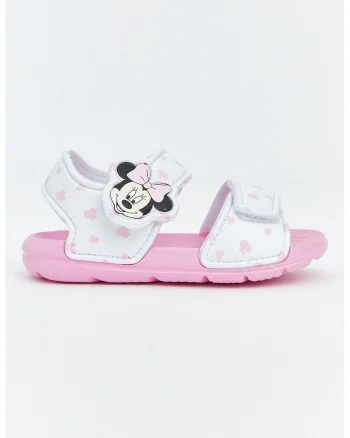 Sandale din piele ecologica cu imprimeu Minnie Mouse, Alb/Negru/Roz pastel