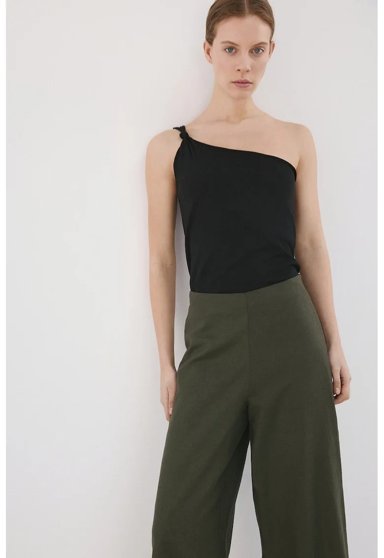 Pantaloni crop drepti din amestec de in, Kaki inchis