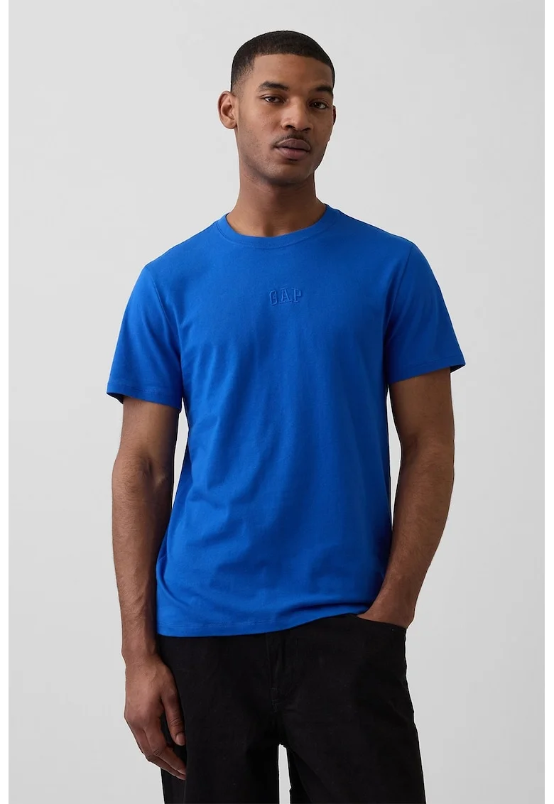 Tricou din bumbac cu decolteu la baza gatului, Albastru indigo