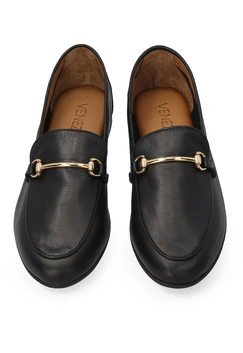 Pantofi Loafer din piele cu catarama metalica aurie
