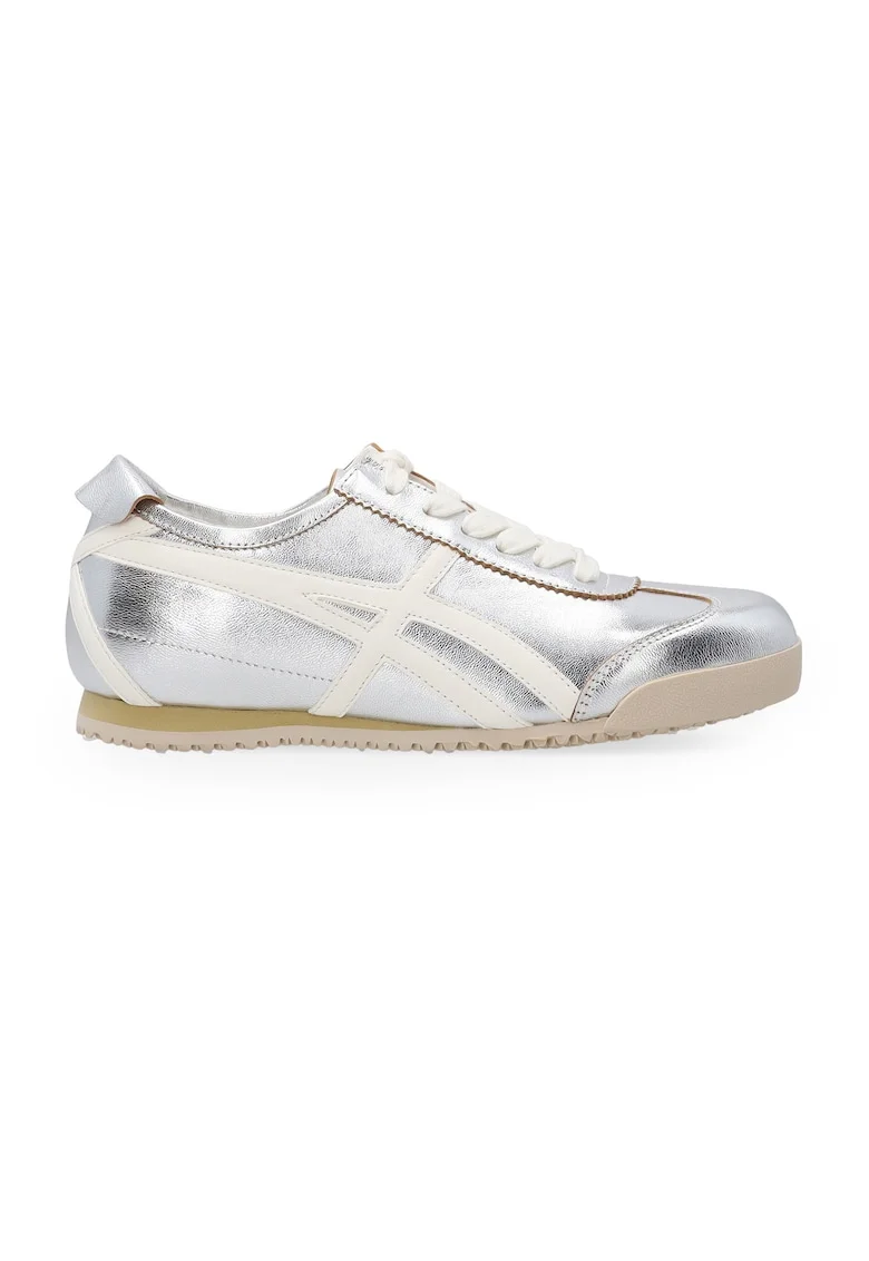 Pantofi sport din piele cu profil jos si aspect metalic
