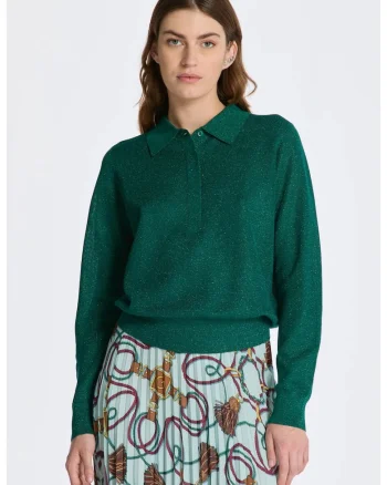 Pulover din tricot fin cu guler polo, Verde