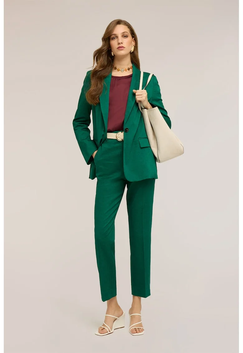 Oltre, Pantaloni crop din amestec de in cu croiala conica, Verde