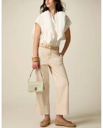 Pantaloni crop cu talie inalta si terminatii pliabile, Alb fildes