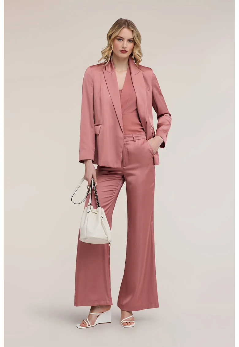 Pantaloni evazati cu aspect de satin si talie inalta, Roz prafuit