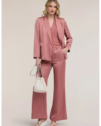 Pantaloni evazati cu aspect de satin si talie inalta, Roz prafuit