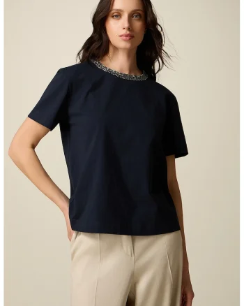 Tricou din bumbac cu aplicatii din strasuri, Albastru ultramarin
