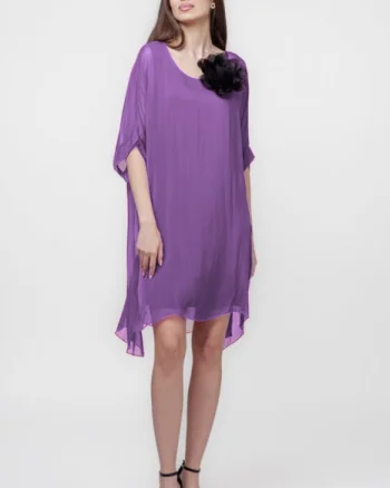 Rochie midi, dreapta, din matase si vascoza, cu funda pe spate, mov