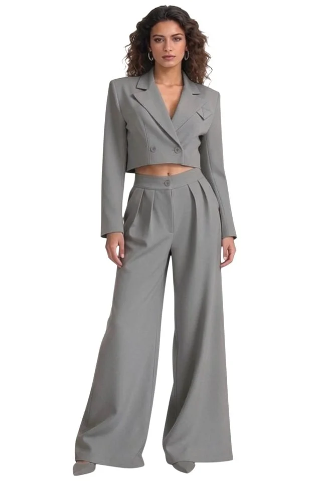Costum office Marcella, cu sacou structurat si pantaloni evazati, Gri, Marime S/M