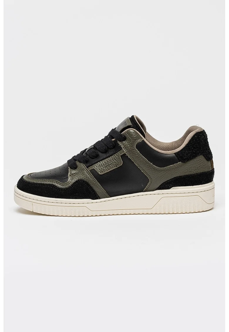 Pantofi sport din piele cu garnituri contrastante, Negru/Alb murdar/Verde feriga