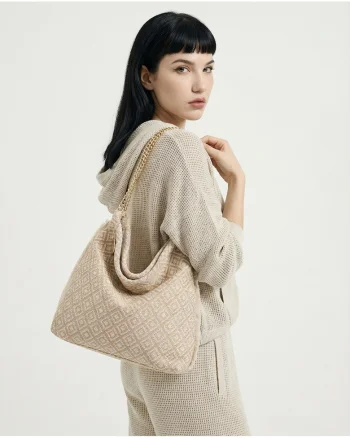 Geanta hobo cu model si barete de lant Valoria, Bej