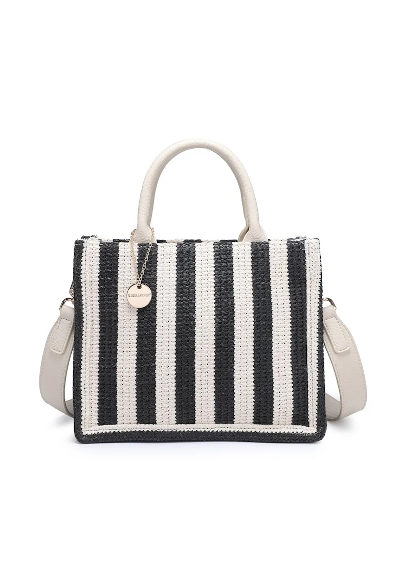 Geanta shopper cu dungi si aspect crosetat Eliara, Negru