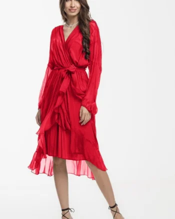 Rochie eleganta din matase si vascoza, petrecuta, cu maneci vaporoase si croiala asimetrica, rosie