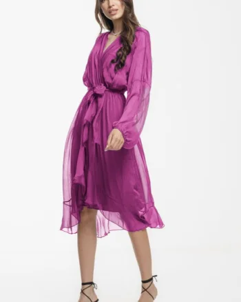 Rochie eleganta din matase si vascoza, petrecuta, cu maneci vaporoase si croiala asimetrica, mov zmeura