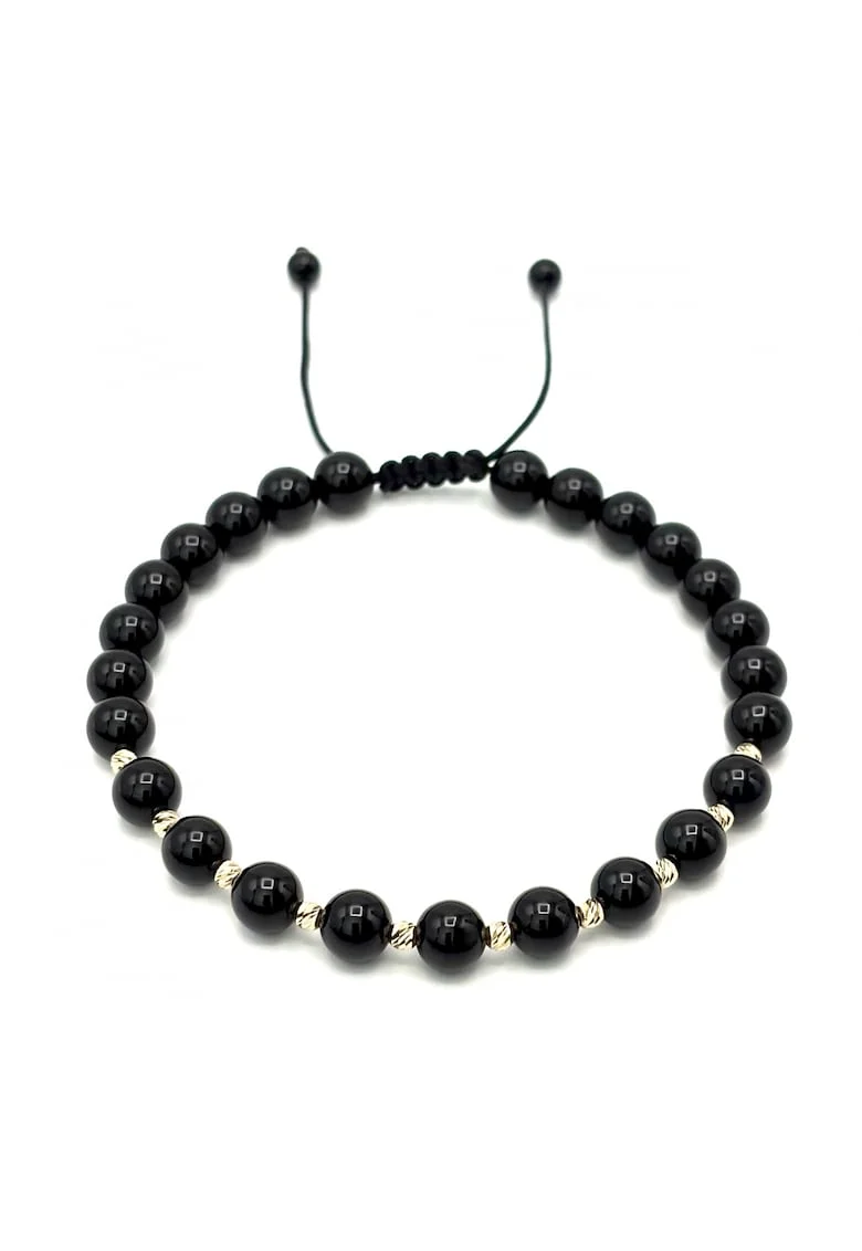 Bratara cu 10 bile din AUR 14K si pietre naturale Onix de 6mm, snur reglabil, barbat