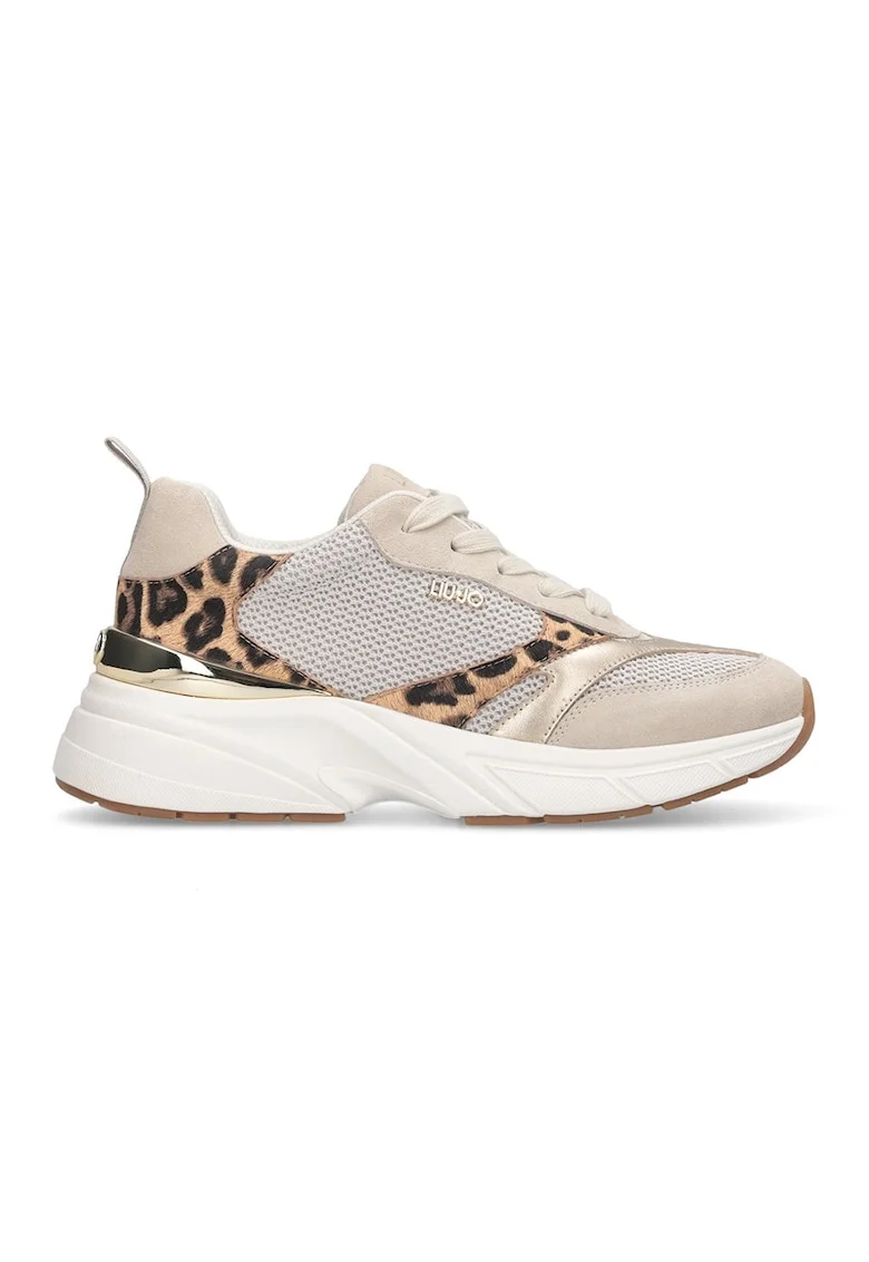 Pantofi sport de plasa si piele ecologica cu detalii animal print, Auriu/Bej/Caramel