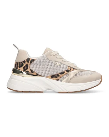 Pantofi sport de plasa si piele ecologica cu detalii animal print, Auriu/Bej/Caramel
