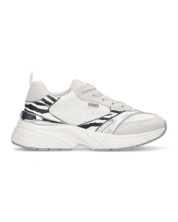 Pantofi sport de plasa si piele ecologica cu detalii animal print, Alb murdar/Argintiu/Bej deschis