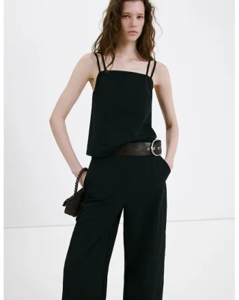 Pantaloni ampla din amestec de lyocell cu prindere cu cordon, Negru/Gri antracit
