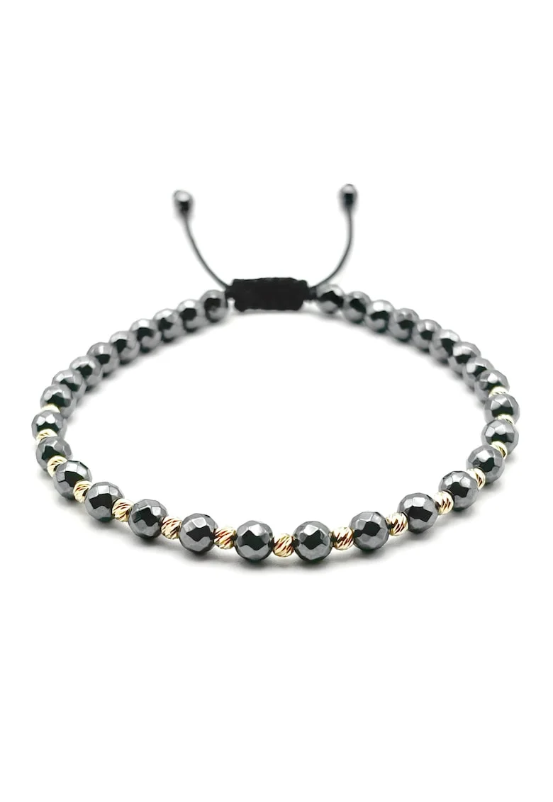 Bratara cu 15 bile AUR 14K si pietre semipretioase Hematit rotund snur reglabil - 64875, Gri grafit lucios