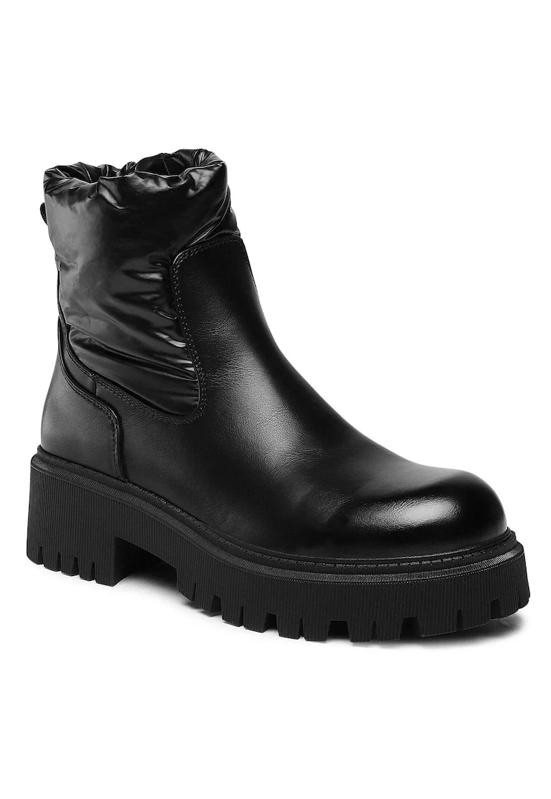 Botine dama,  piele ecologica, negru, fermoar, talpa groasa, Negru
