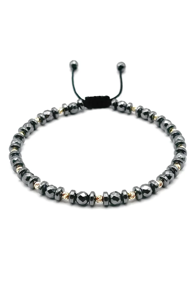 Bratara cu 15 bile AUR 14K si pietre semipretioase Hematit rotund snur reglabil - 64875, Gri