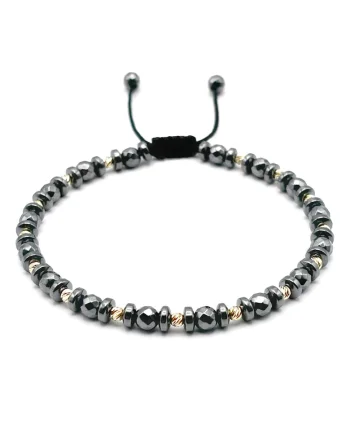 Bratara cu 15 bile AUR 14K si pietre semipretioase Hematit rotund snur reglabil - 64875, Gri