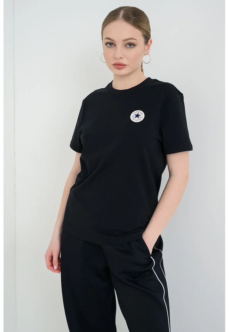 Tricou din amestec de bumbac cu aplicatie logo, Negru