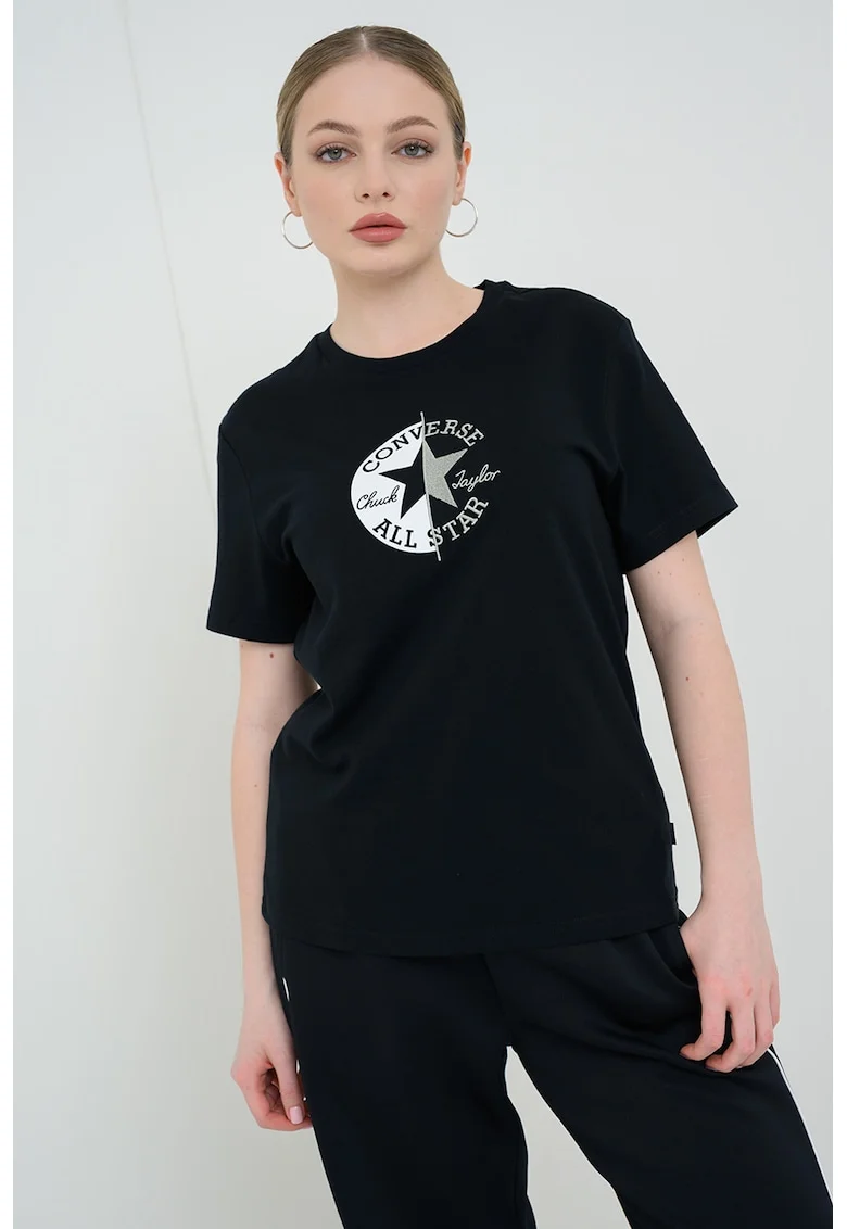 Tricou din bumbac cu imprimeu logo, Negru