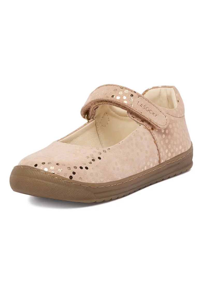 Balerini Fete,  piele naturala, buline, bej, sistem inchidere velcro