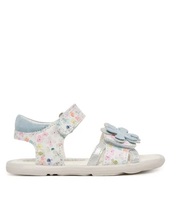 Sandale fete  piele naturala, alb cu flori multicolore