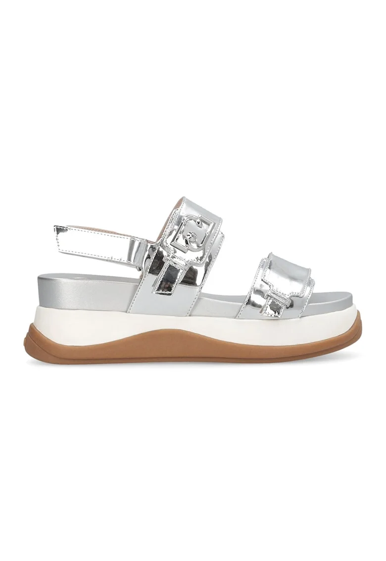 Sandale flatform cu aspect metalizat si velcro, Gri deschis/Caramel/Argintiu