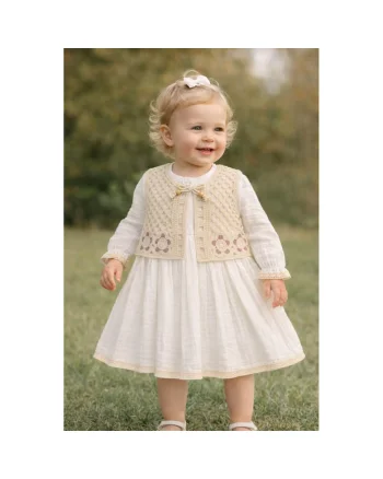 Rochie fetita alba din muselina eleganta cu vesta tricotata stil boho
