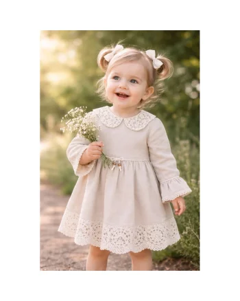 Rochie bebe fetita bej din in cu dantela si guler elegant