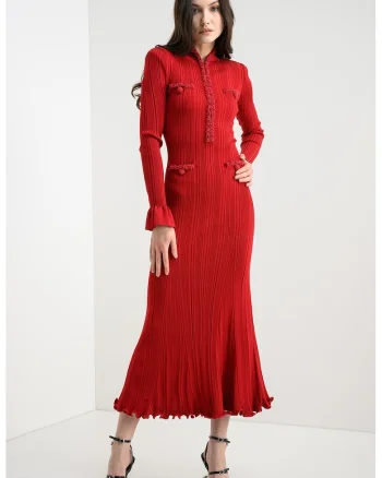 Rochie striata si tricotata cu margele, Rosu