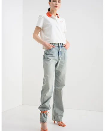 Tricou polo crop Mirta, Alb/Portocaliu