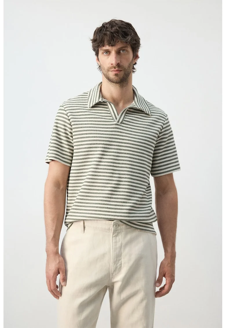 Tricou polo din amestec de bumbac, Alb fildes/Verde feriga
