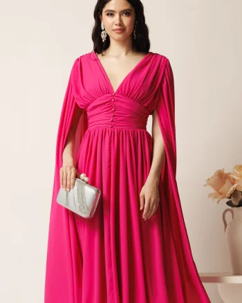 Rochie DY Fashion midi fucsia din voal in clos cu nasturi si maneci ample