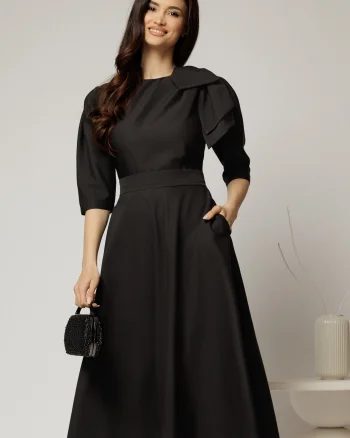 Rochie midi neagra clos cu funda ampla pe umar si cordon detasabil