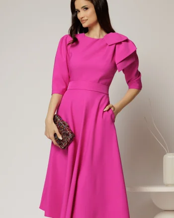 Rochie midi fucsia clos cu funda ampla pe umar si cordon detasabil