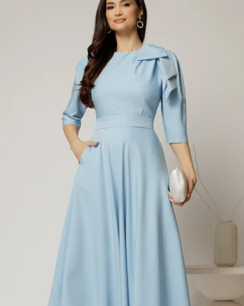 Rochie midi bleu clos cu funda ampla pe umar si cordon detasabil