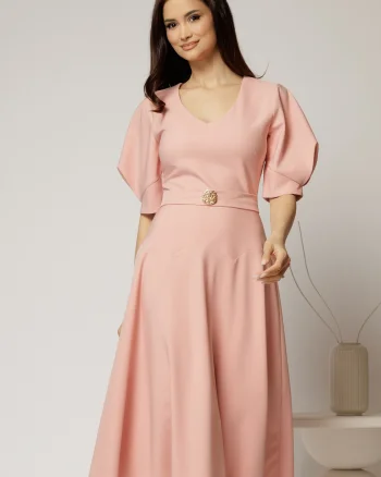 Rochie midi roz eleganta cu fusta clos, decolteu adanc in V si maneci bufante
