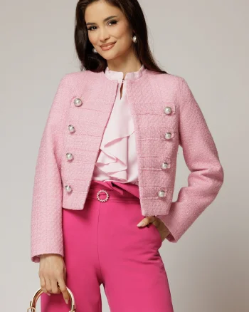 Sacou DY Fashion roz din tweed si nasturi decorativi