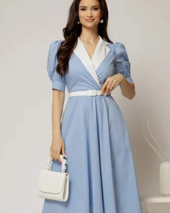 Rochie DY Fashion din poplin bleu cu guler in contrast si curea in talie