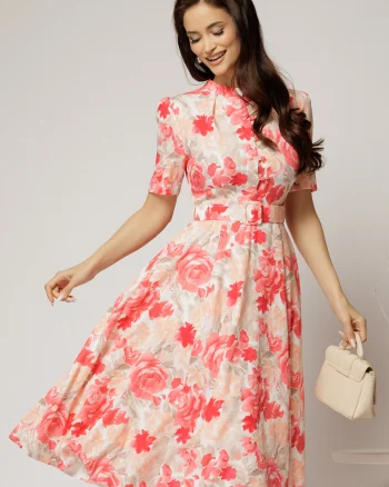 Rochie DY Fashion midi bej cu imprimeu corai in clos din triplu voal cu nasturi la bust si curea in talie