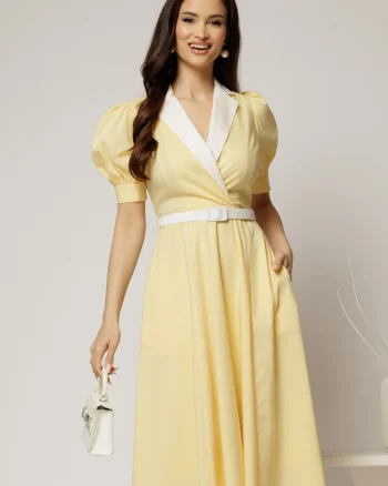 Rochie DY Fashion din poplin galben cu guler in contrast si curea in talie