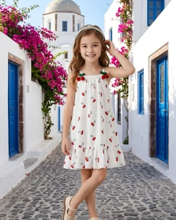 Rochie alba din bumbac cu cirese pentru fete - Lian