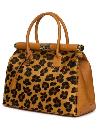 Geanta piele cu par de ponei Bianca coniac/animal print