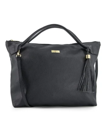 Geanta shopper din piele naturala,  neagra, 35x46x11cm, cu manere de 44cm, curea detasabila de 113cm